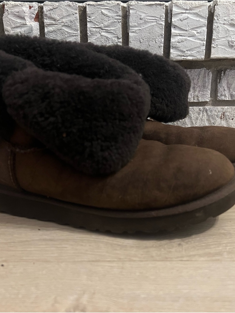 UGG Brown Suede Fold-Over Slippers with Black Shearling Cuff